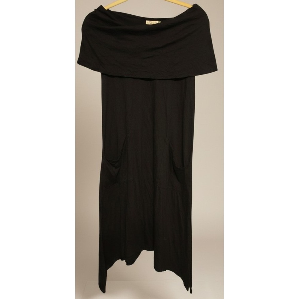 Chalet Women's XS Black Lagenlook Dress Off Shoulder Cowl Neck Asymmetrical